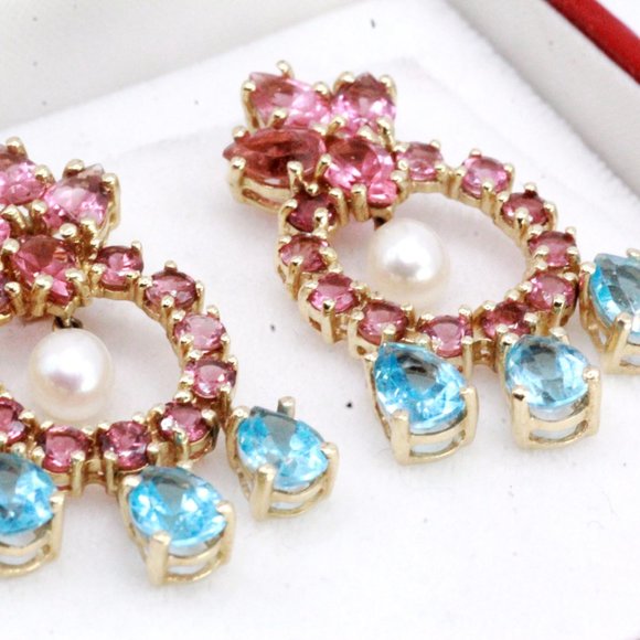 14K Gold Synthetic Tourmaline Topaz Pearl Chandelier Earrings - Picture 2 of 10